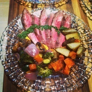 Flank steak with chimichurri and roasted vegetables